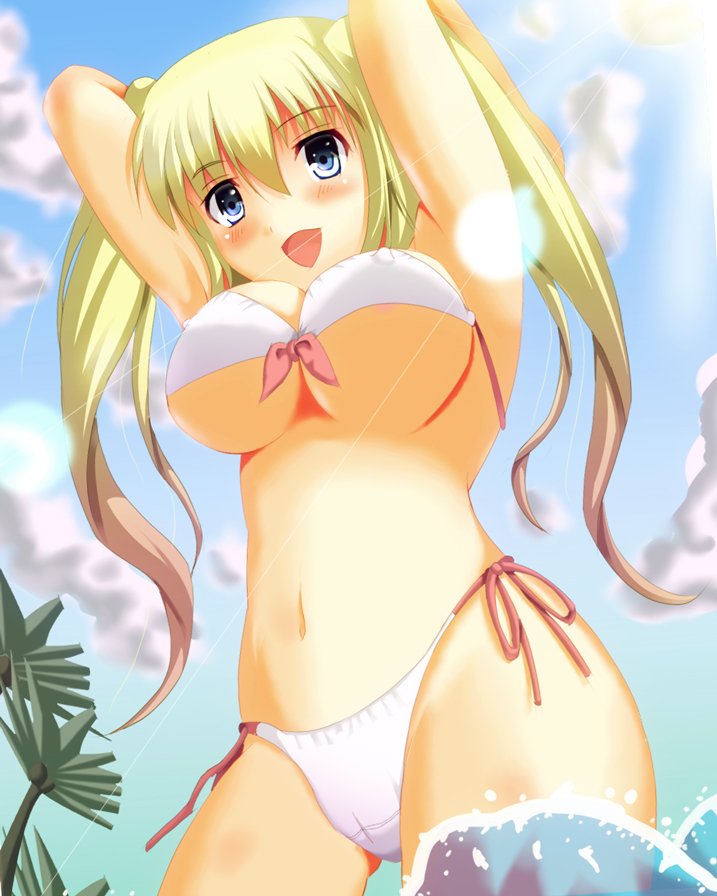 1girl armpits arms_up bikini blonde_hair blue_eyes breasts clouds large_breasts light_rays long_hair meturyusinzero ocean original palm_tree smile solo sunbeam sunlight swimsuit tree twintails water