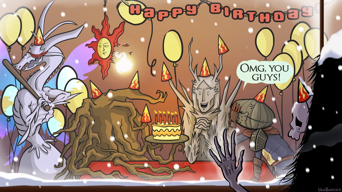 artist_request bed_of_chaos birthday_cake cake character_request chosen_undead dark_souls english food gravelord_nito happy_birthday seath_the_scaleless souls_(from_software) source_request speech_bubble tagme the_four_kings