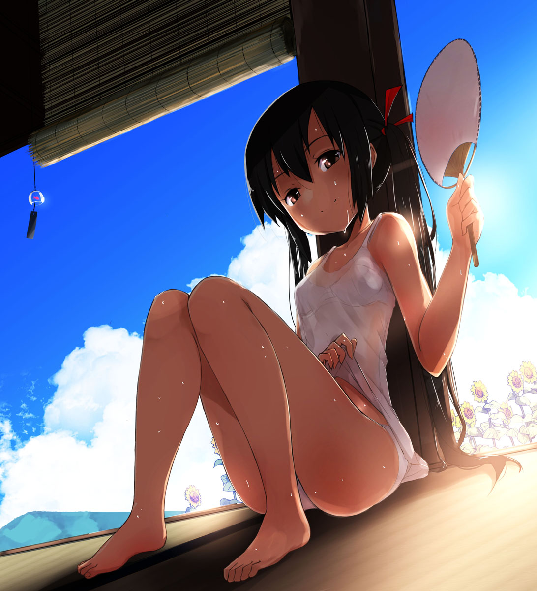 1girl bamboo_screen bare_legs barefoot bra brown_eyes clouds dress fan flower hair_ribbon highres hot k-on! knees_together_feet_apart long_hair looking_at_viewer masamuuu nakano_azusa panties paper_fan ribbon see-through shade sitting sky solo summer sundress sunflower sweat twintails underwear white_bra white_dress white_panties wind_chime