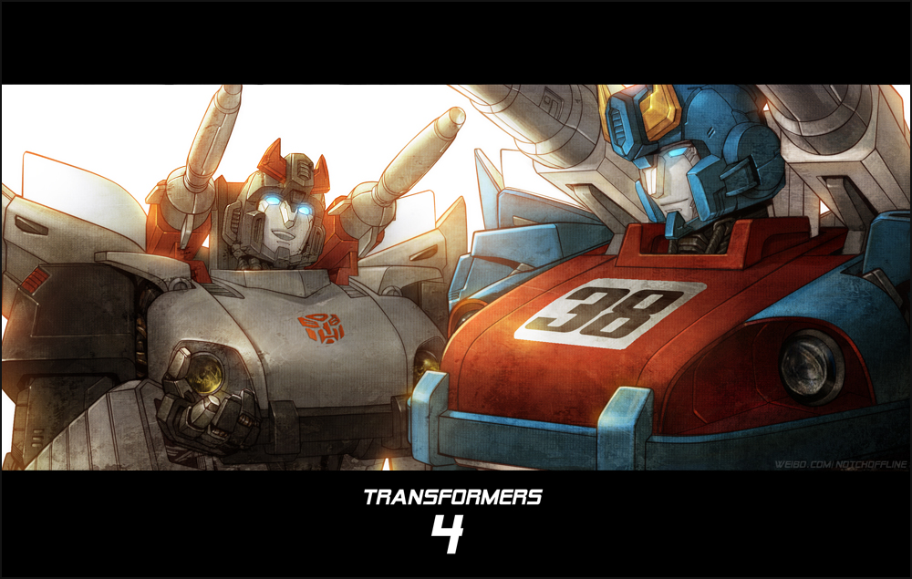 2boys autobot bluestreak_(transformers) glowing glowing_eyes insignia letterboxed mecha multiple_boys over_shoulder robot smile smokescreen_(transformers) transformers weapon weapon_over_shoulder xiling