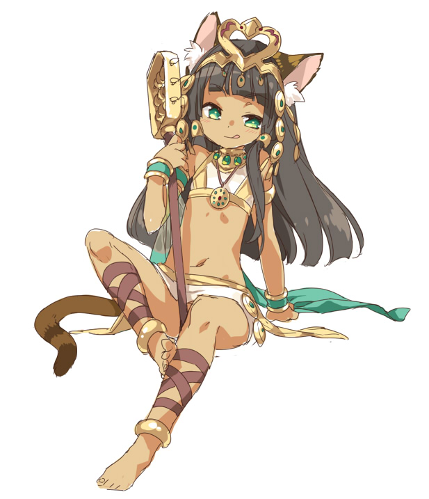 1girl akr_et animal_ears anklet armlet bangs bare_shoulders barefoot bastet_(p&amp;d) black_hair blunt_bangs blush bracelet cat_ears cat_tail choker cross-laced_legwear dark_skin egyptian egyptian_clothes full_body green_eyes headpiece instrument jewelry licking_lips long_hair midriff navel puzzle_&amp;_dragons simple_background sitting skirt solo tail tongue tongue_out tubetop white_background white_skirt