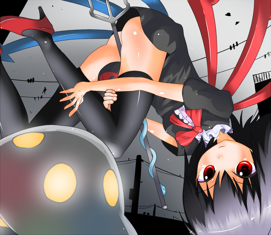 1girl asymmetrical_wings black_hair black_legwear high_heels houjuu_nue mushisun polearm red reversed short_hair snake solo thighs touhou trident ufo weapon wings