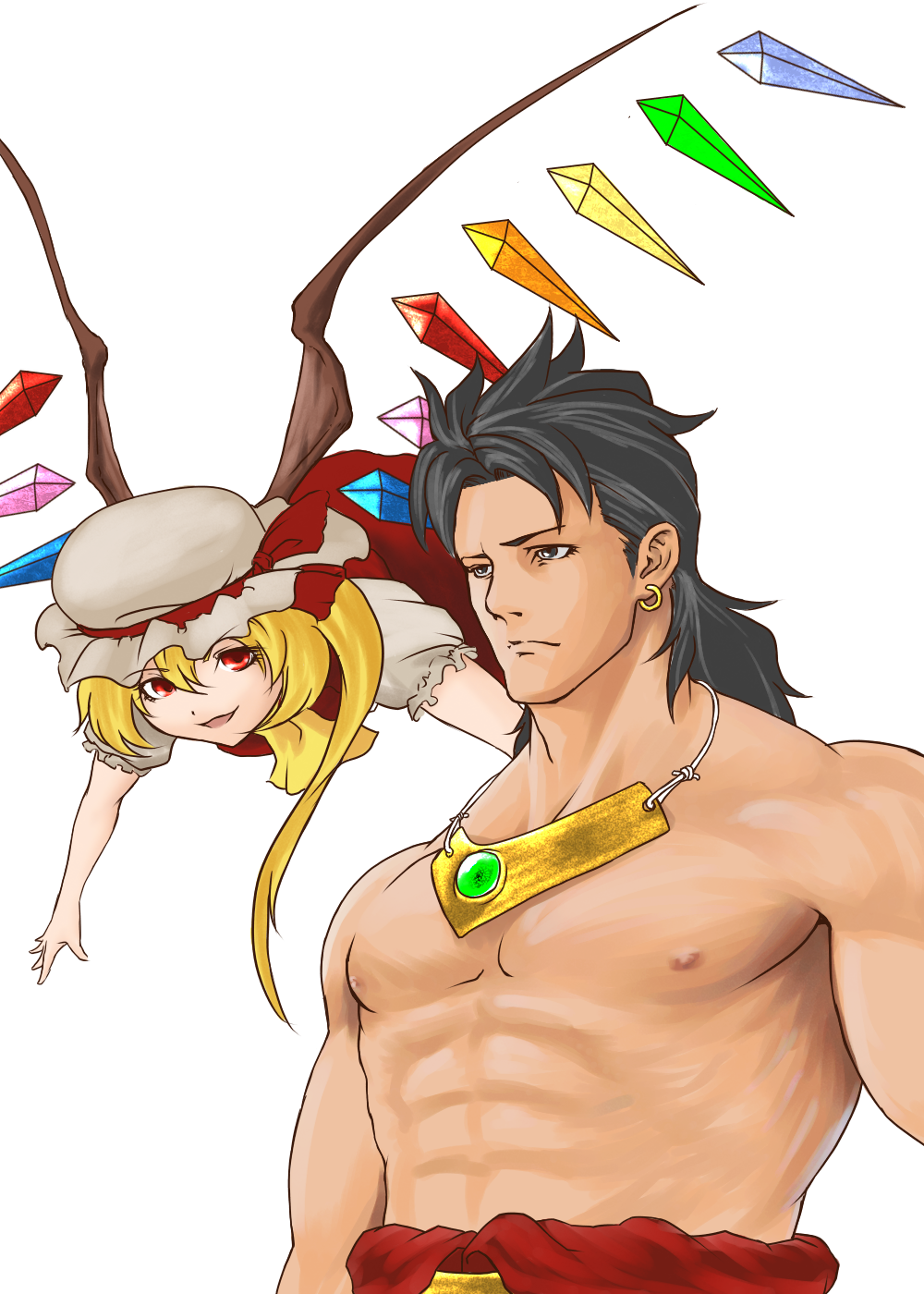 1boy 1girl black_hair blonde_hair broly crossover crystal dragon_ball dragon_ball_z earrings flandre_scarlet hat highres hikichi_sakuya jewelry long_hair muscle necklace puffy_short_sleeves puffy_sleeves red_eyes short_sleeves side_ponytail spiky_hair touhou trait_connection vampire