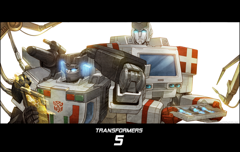 2boys autobot glowing glowing_eyes insignia letterboxed multiple_boys over_shoulder ratchet scratching_head transformers tray weapon weapon_over_shoulder wheeljack xiling