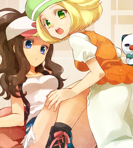 2girls bare_legs baseball_cap bel_(pokemon) beret blonde_hair blue_eyes boots brown_hair denim denim_shorts green_eyes hat high_ponytail irouha long_hair long_skirt looking_back lying multiple_girls open_mouth oshawott pokemon pokemon_(creature) pokemon_(game) pokemon_bw shirt short_hair shorts skirt touko_(pokemon) vest white_shirt white_skirt