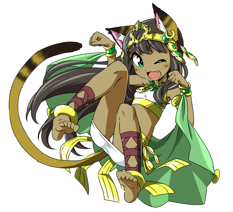 1girl ;d animal_ears anklet armlet bare_shoulders barefoot bastet_(p&amp;d) black_hair blush bracelet cat_ears cat_tail cross-laced_legwear dark_skin earrings egyptian egyptian_clothes fang full_body green_eyes headpiece jewelry long_hair midriff necklace one_eye_closed open_mouth panties pantyshot paw_pose puzzle_&amp;_dragons simple_background skirt smile solo tail takeya_yuuki tubetop underwear white_background white_panties white_skirt