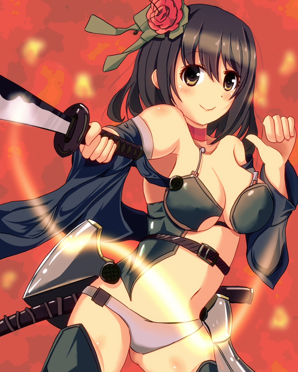 1girl armor breasts brown_eyes brown_hair flower hair_flower hair_ornament highres meturyusinzero original panties short_hair smile solo sword underwear weapon