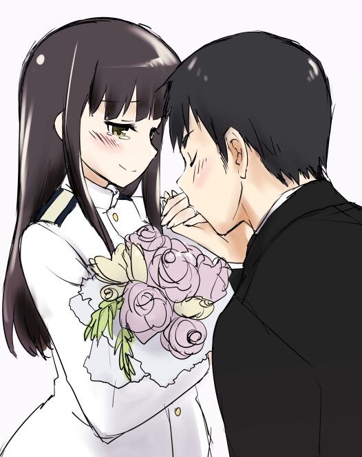 1boy 1girl black_hair bouquet brown_eyes closed_eyes flower happy_tears hijikata_keisuke jewelry kiss military military_uniform mozu_(peth) no_eyepatch ring sakamoto_mio smile strike_witches tears uniform wedding_ring