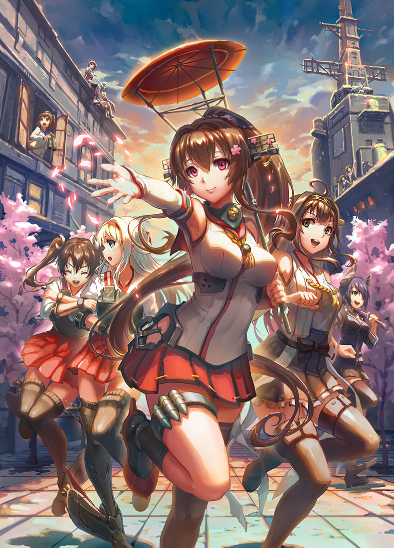 6+girls ahoge ammunition anchor arm_hug battleship binoculars blonde_hair boots breasts brown_eyes brown_hair brown_legwear building cherry_blossoms cherry_trees choukai_(kantai_collection) closed_eyes clouds detached_sleeves flower gou_(ga673899) grey_eyes hair_flower hair_ornament hairband headgear kantai_collection kiso_(kantai_collection) knees_together_feet_apart kongou_(kantai_collection) large_breasts long_hair maya_(kantai_collection) multiple_girls murakumo_(kantai_collection) nontraditional_miko outstretched_hand parasol payot petals pink_eyes pleated_skirt ponytail purple_hair sendai_(kantai_collection) ship short_hair shoukaku_(kantai_collection) single_thighhigh sitting skirt sky smile standing standing_on_one_leg sword tenryuu_(kantai_collection) thigh-highs thigh_boots thigh_gap thigh_strap twintails umbrella very_long_hair weapon yamato_(kantai_collection) yukikaze_(kantai_collection) zettai_ryouiki zuikaku_(kantai_collection)