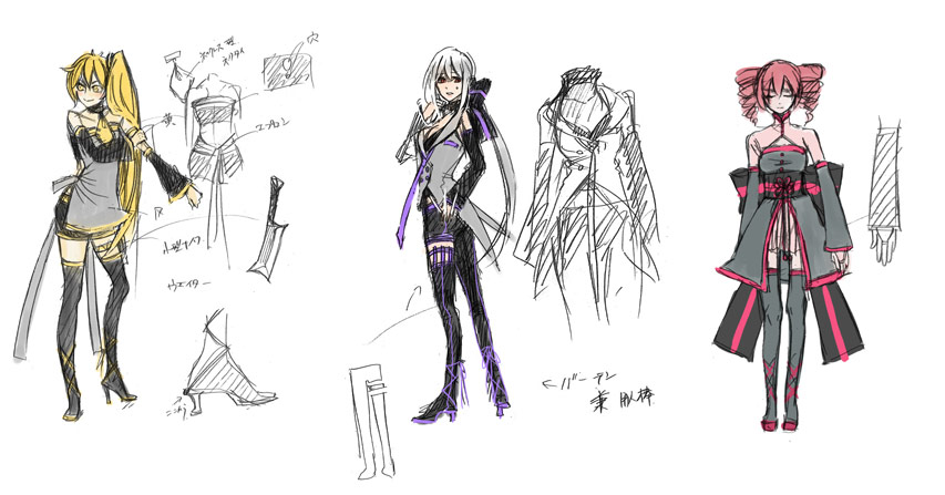 character_sheet concept_art detached_sleeves fantasy kasane_teto long_hair rough simple_background sketch suzunosuke_(sagula) synchronicity_(vocaloid) translation_request twintails utau vocaloid voyakiloid yowane_haku