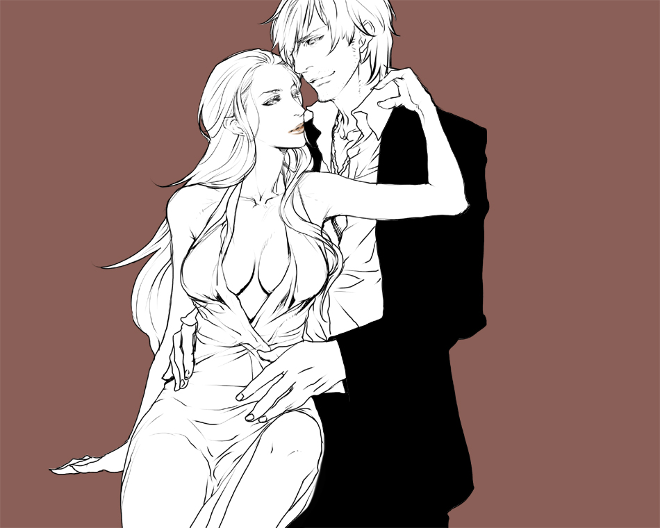 1boy 1girl breasts capcom cleavage dante devil_may_cry dress formal lipstick npn suit trish