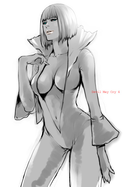 cleavage devil_may_cry devil_may_cry_4 gloria grayscale green_eyes midriff navel npn short_hair