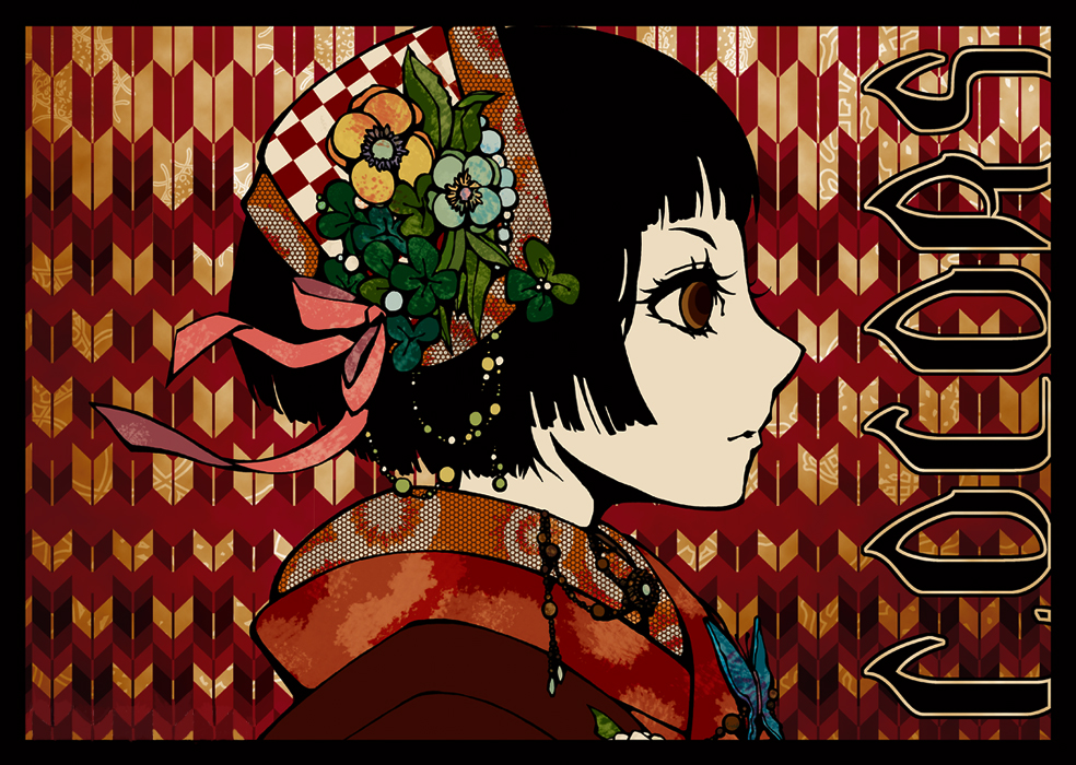 black_hair brown_eyes flower japanese_clothes kimono makora_higa origial original profile short_hair solo yagasuri