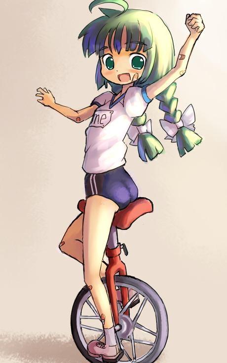 braid buruma green_eyes green_hair gym_uniform hakkotsu_shitai long_hair me os twin_braids unicycle