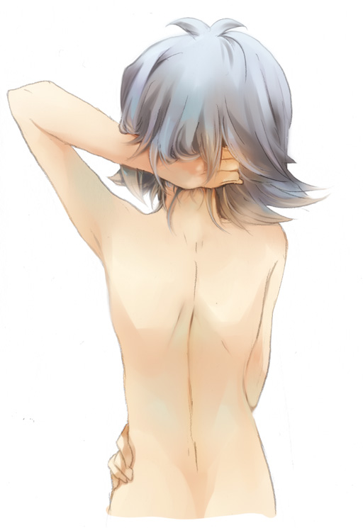 1boy androgynous ang back bare_back bare_shoulders from_behind fubuki_shirou hands inazuma_eleven male nape nude silver_hair solo