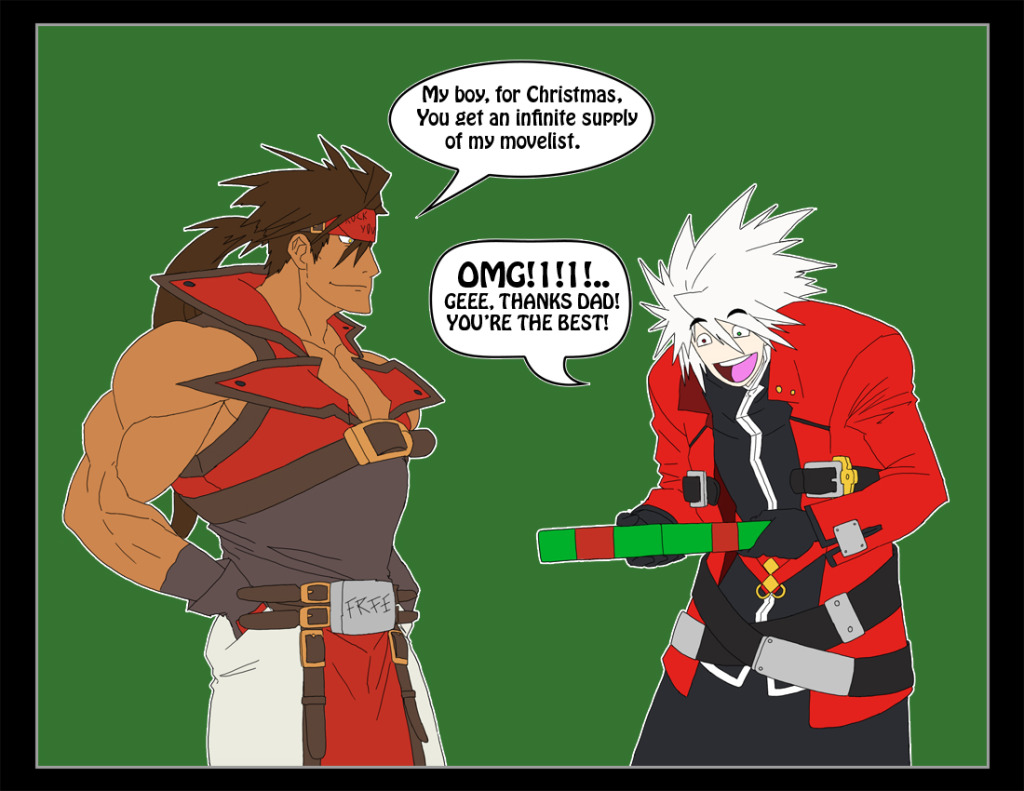 2boys :d belt blazblue brown_hair gift gloves guilty_gear hands_in_pockets headband heterochromia long_hair male muscle parody ponytail ragna_the_bloodedge short_hair sol_badguy the_shadow white_hair yellow_eyes