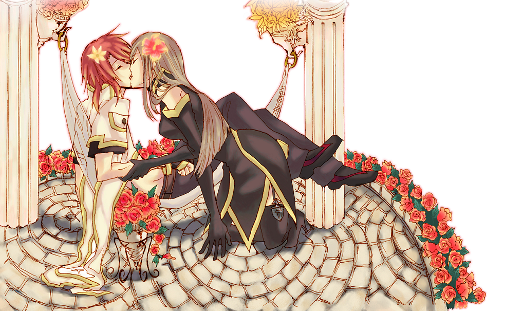 1girl couple flower gurio hammock kiss luke_fon_fabre pillar red_rose rose tales_of_(series) tales_of_the_abyss tear_grants