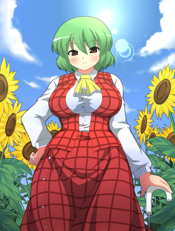 bad_id blush breasts closed_umbrella flower green_hair kazami_yuuka kyokutou_hentai_samurai large_breasts nature perfection plaid plaid_skirt plaid_vest plump red_eyes short_hair skirt skirt_set sky sunflower touhou umbrella