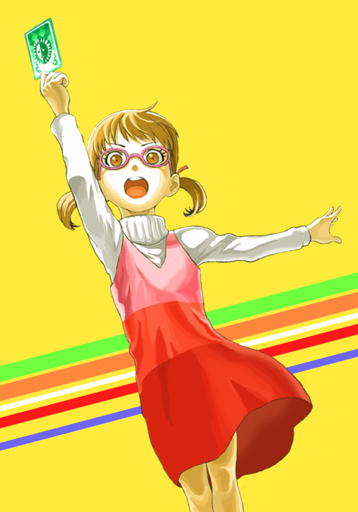 brown_hair card child doujima_nanako dress funtarunta glasses green_card holding holding_card open_mouth persona persona_4 short_twintails twintails