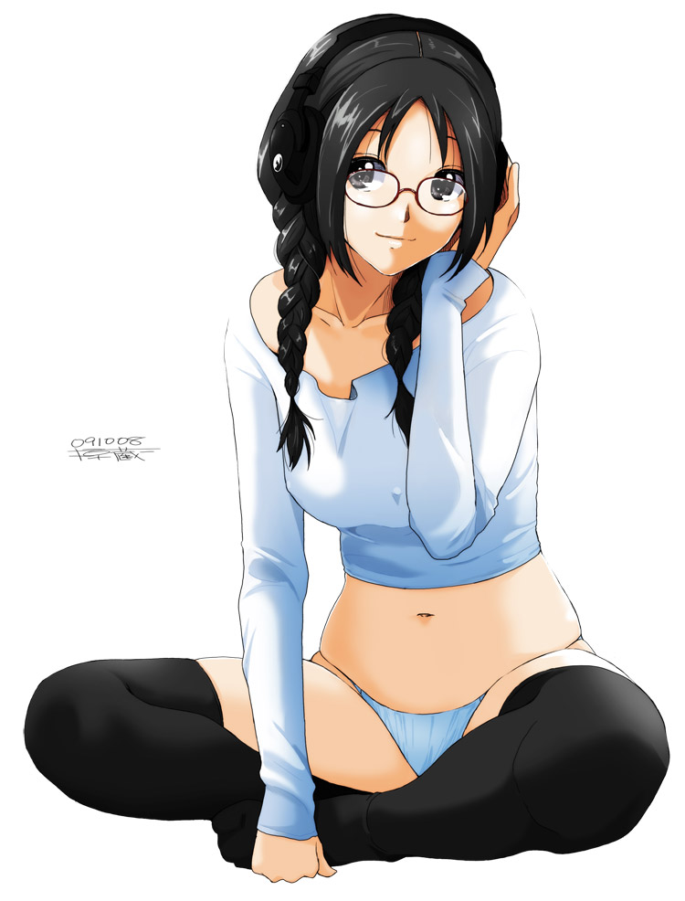 black_hair black_legwear black_thighhighs braid erect_nipples glasses headphones long_hair mukuzou navel original panties ryouzou signature simple_background sitting smile solo sweater thigh-highs thighhighs twin_braids underwear