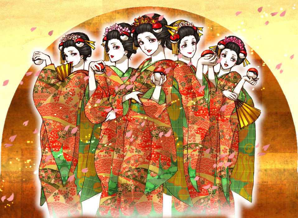 5girls cherry_blossoms fan geisha hair_ornament holding holding_poke_ball japanese_clothes kimono makeup micho multiple_girls poke_ball pokemon smile