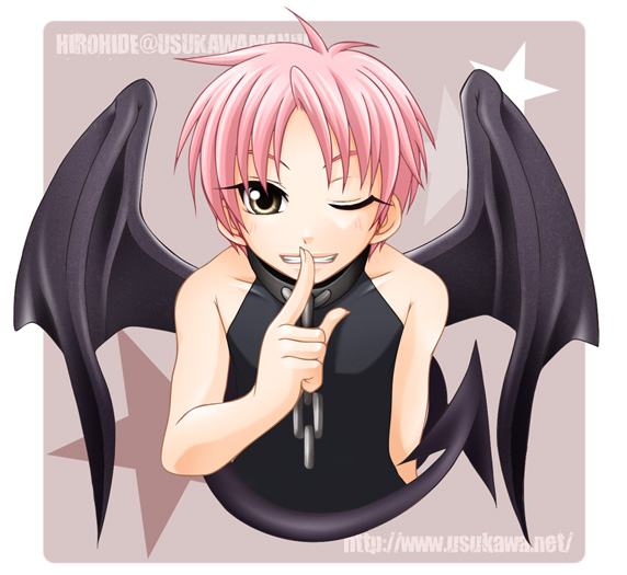 blush boy chains collar hiro_(usukawa) pink_hair shota smile tail usukawa_(artist) wings wink