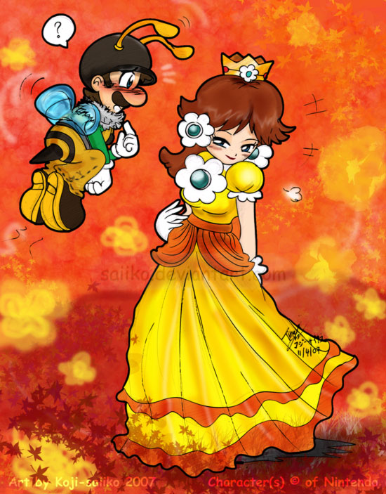 blush crown dress long_dress luigi nintendo princess_daisy smile super_mario_bros.
