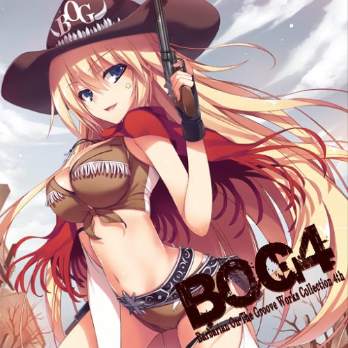 1girl belt blonde_hair blue_eyes breasts cape cleavage cowboy_hat crop_top fingerless_gloves front-tie_top gloves gun hat jewelry long_hair looking_at_viewer lowres midriff navel parted_lips revolver shiny shiny_skin shorts smile solo tomose_shunsaku very_long_hair weapon
