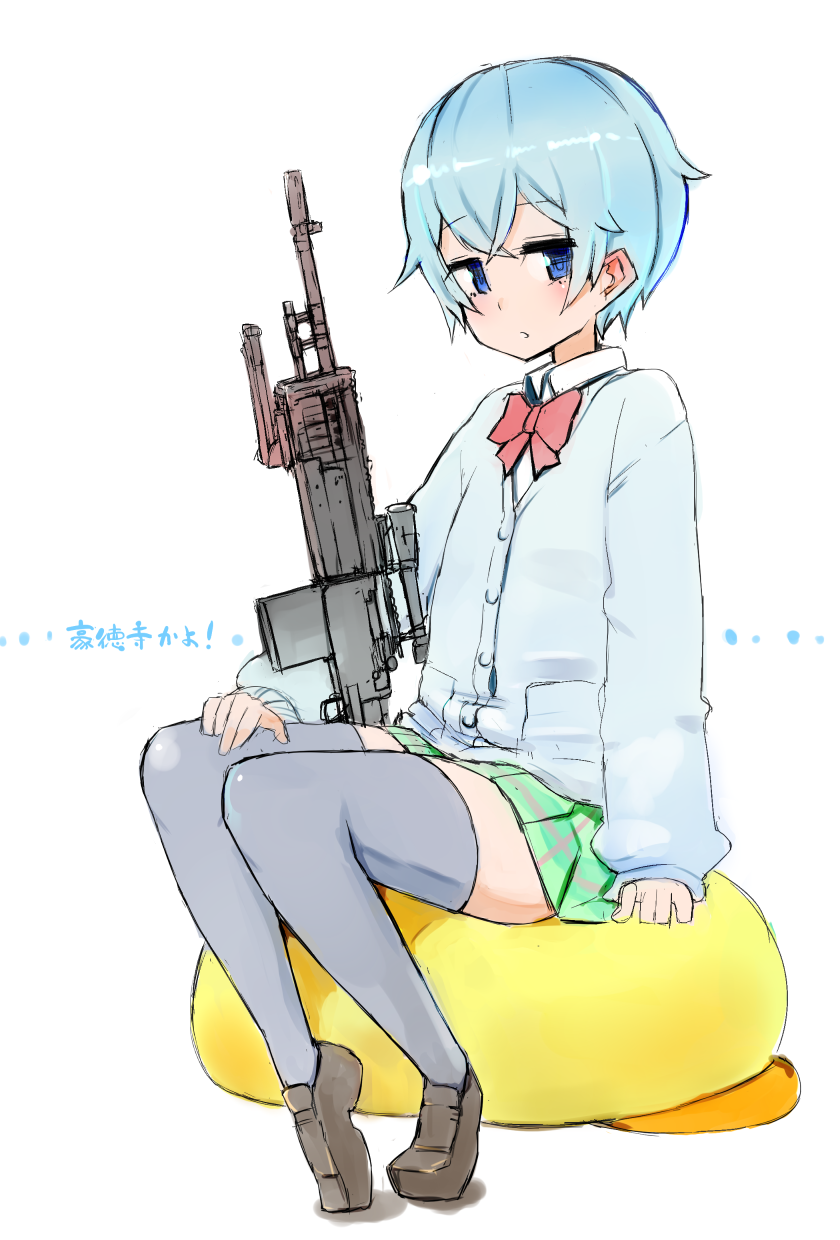 1girl assault_rifle battle_rifle blue_eyes blue_hair bowtie cardigan character_name goutokuji_kayo gun highres loafers looking_at_viewer m14 miniskirt mk_14_mod_0_ebr plaid plaid_skirt pleated_skirt rifle sabagebu! scope shoes short_hair sitting skirt tamatama_(nekokalpis) thigh-highs weapon white_background zettai_ryouiki