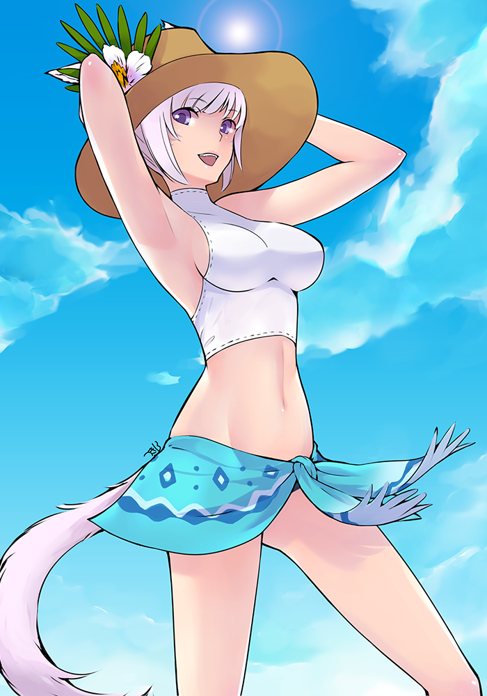 1girl armpits arms_up clouds final_fantasy final_fantasy_xiv hat lens_flare looking_at_viewer miqo'te navel open_mouth sarong short_hair sky smile solo sun swimsuit tail takatsuki_kahiro tankini violet_eyes white_hair