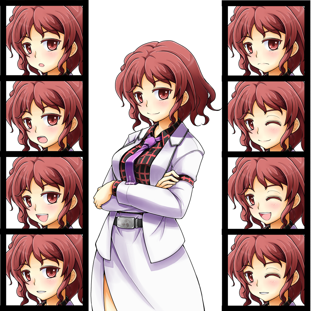 1girl :d :o ;) ;d belt clearfile cross expressions horikawa_raiko inverted_cross mitsudomoe_(shape) one_eye_closed open_mouth plaid plaid_shirt red_eyes redhead shirt short_hair skirt smile suit_jacket tomoe_(symbol) touhou