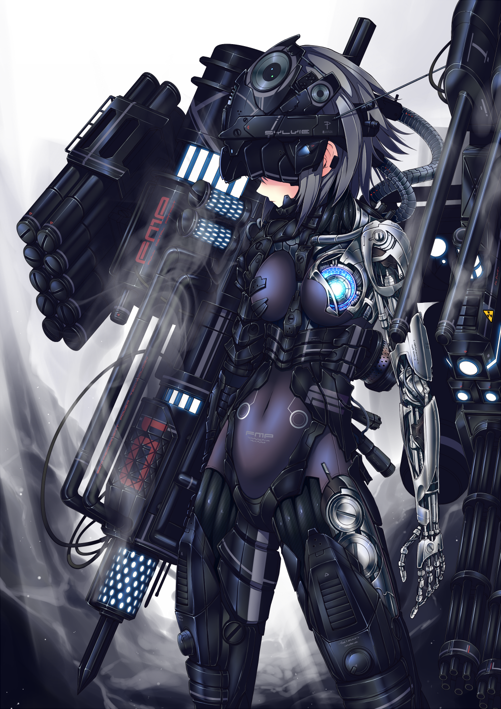 1girl black_hair bodysuit cable covered_eyes covered_navel cyborg gatling_gun gun headgear highres mecha_musume original pile_bunker robotic_arms robotic_legs short_hair skin_tight solo standing ugume weapon