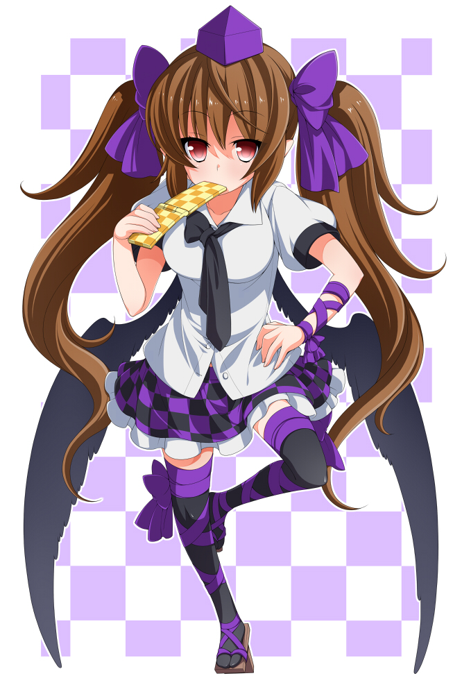 1girl black_legwear black_wings bow brown_hair cellphone checkered checkered_background checkered_skirt covering_mouth eichi_yuu feathered_wings geta hair_bow hair_ribbon hand_on_hip hat himekaidou_hatate holding long_hair looking_at_viewer necktie phone red_eyes ribbon skirt solo standing_on_one_leg tagme thigh-highs tokin_hat touhou twintails very_long_hair wings zettai_ryouiki