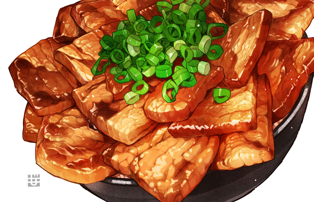 bacon bowl food meat momiji_mao no_humans original spring_onion vegetable white_background