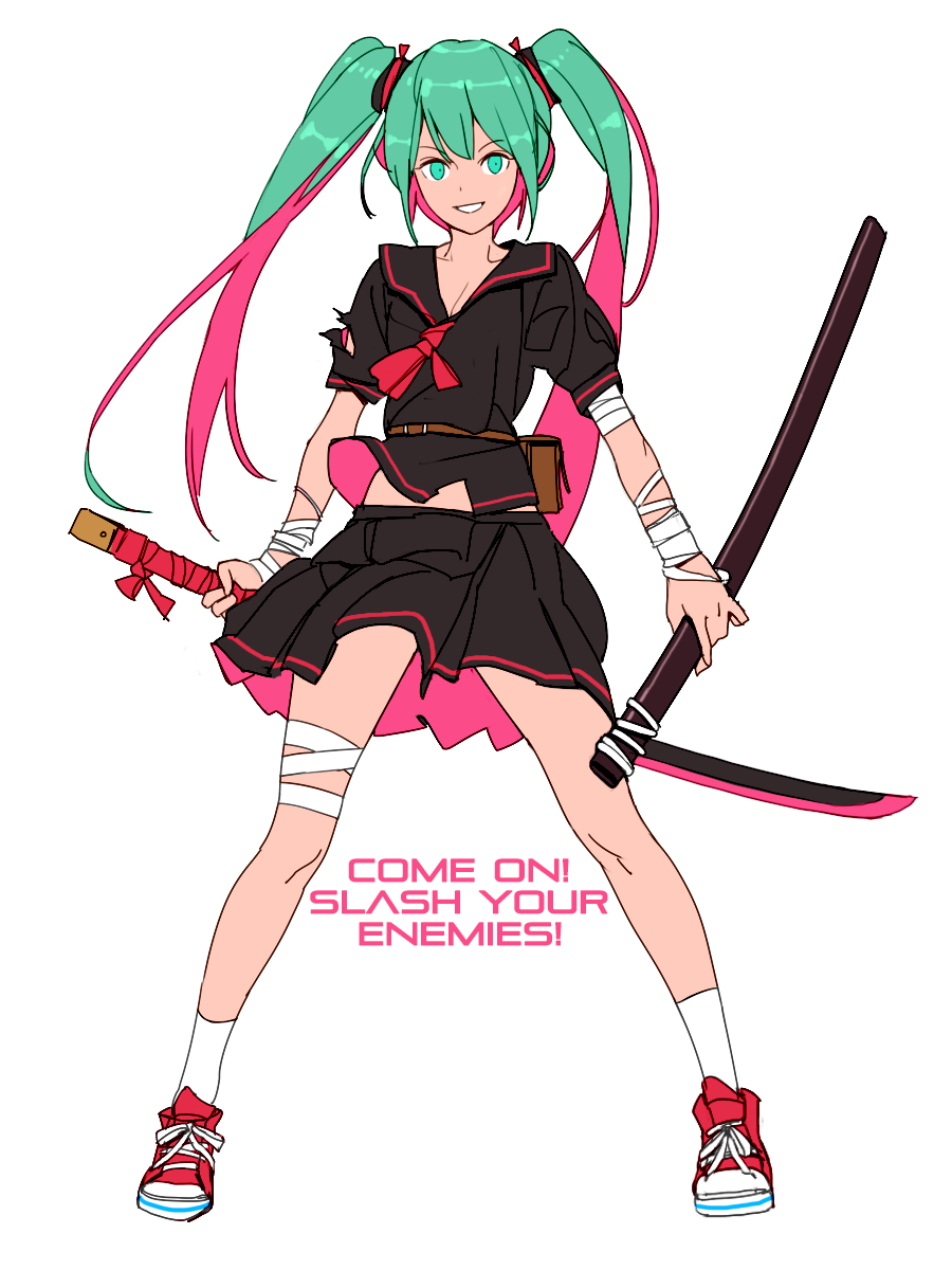 1girl bandaged_arm full_body green_eyes green_hair hair_ornament hatsune_miku highres holding jandy katana long_hair looking_at_viewer multicolored_hair parted_lips pleated_skirt school_uniform serafuku shoes simple_background skirt smile solo standing sword tagme twintails two-tone_hair vocaloid weapon white_background white_legwear