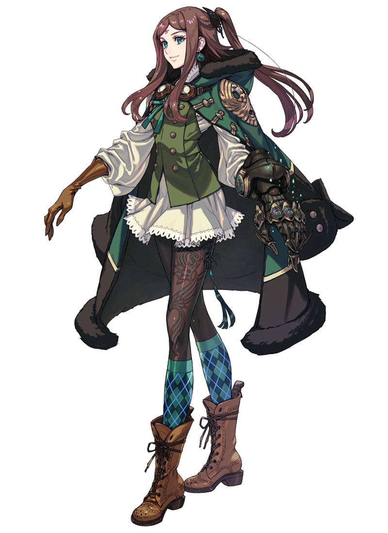 1girl boots brown_hair cloak drag-on_dragoon drag-on_dragoon_3 earrings four_(drag-on_dragoon) fujisaka_kimihiko gauntlets goggles green_eyes jewelry official_art ponytail