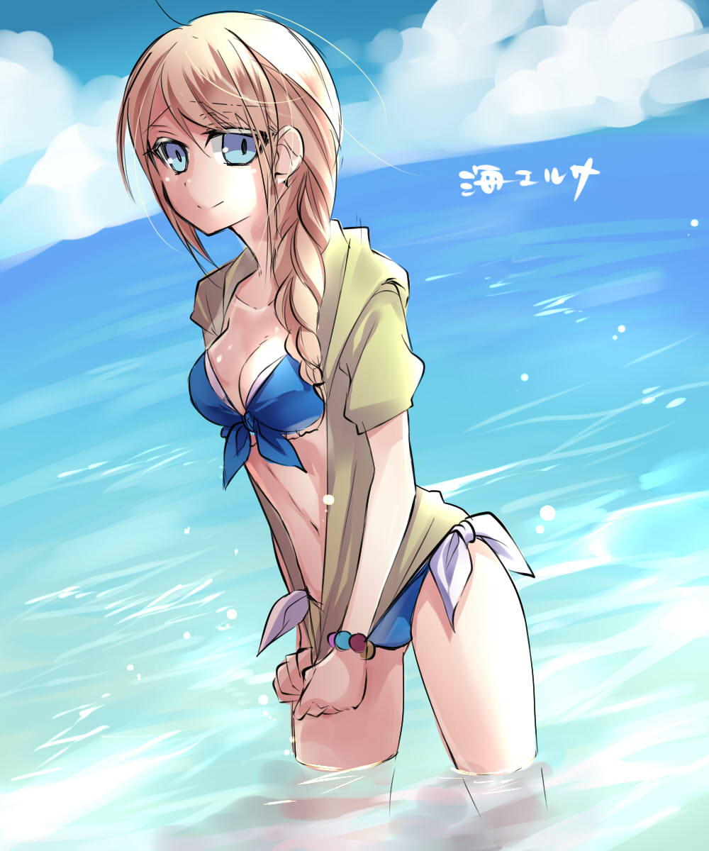 1girl bikini blonde_hair blue_bikini blue_eyes blue_sky braid breasts cleavage clouds collarbone elsa_(frozen) front-tie_bikini front-tie_top frozen_(disney) highres kokuchuutei midriff ocean outdoors partially_submerged side-tie_bikini single_braid sky smile solo swimsuit water