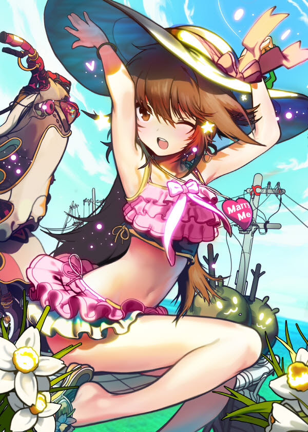 1boy ;d crop_top crossdressinging hat jewelry long_hair male midriff naisho_na_zuku_doori navel necklace one_eye_closed open_mouth original sandals smile solo sun_hat swimsuit telephone_pole trap wink