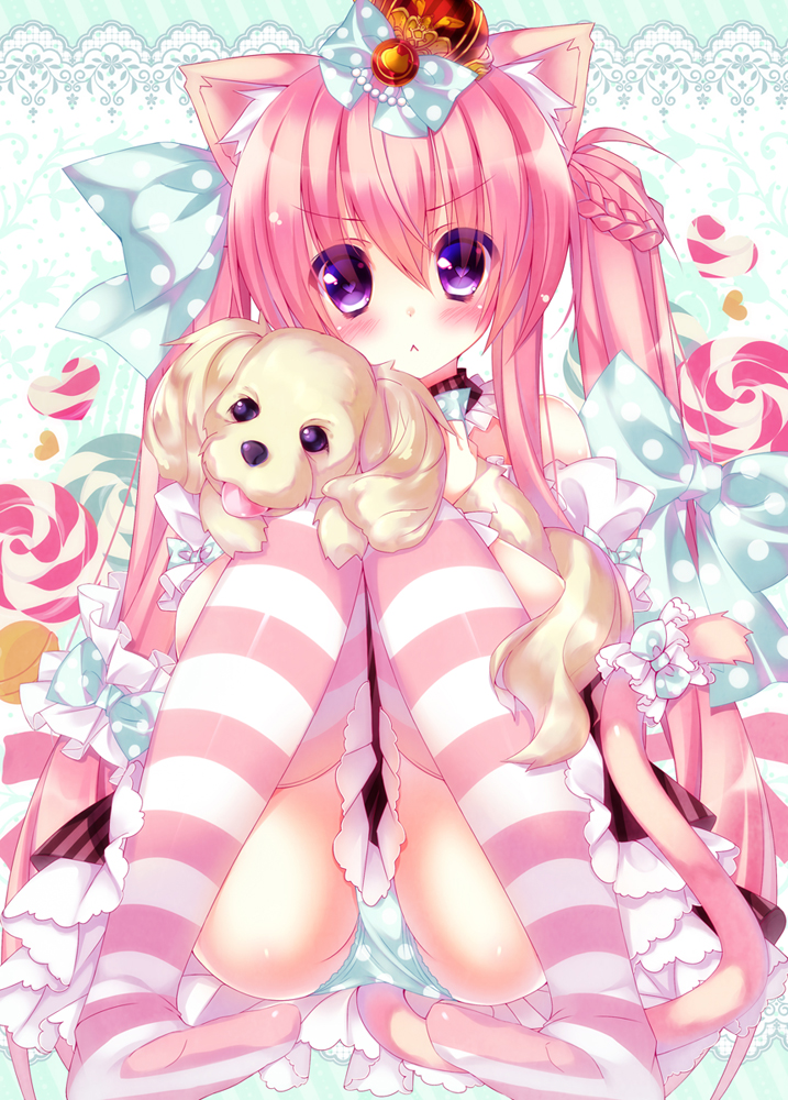 &gt;:&lt; 1girl :&lt; animal_ears blush crown dog dog_ears heart heart-shaped_pupils long_hair looking_at_viewer ojitcha original panties pink pink_hair pink_legwear polka_dot polka_dot_panties solo striped striped_legwear symbol-shaped_pupils thigh-highs twintails underwear violet_eyes