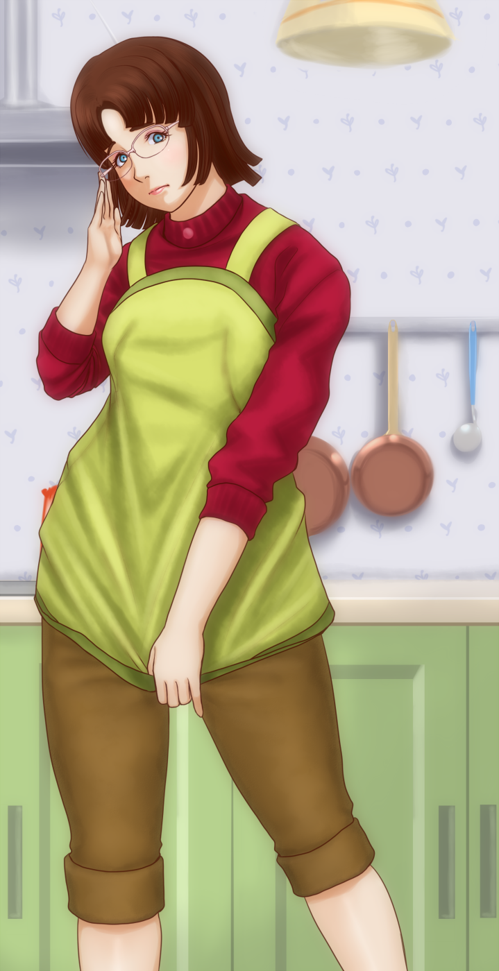 1girl apron blue_eyes brown_hair glasses highres housewife kamisuki kitchen kiyomi-san original short_hair solo sweater