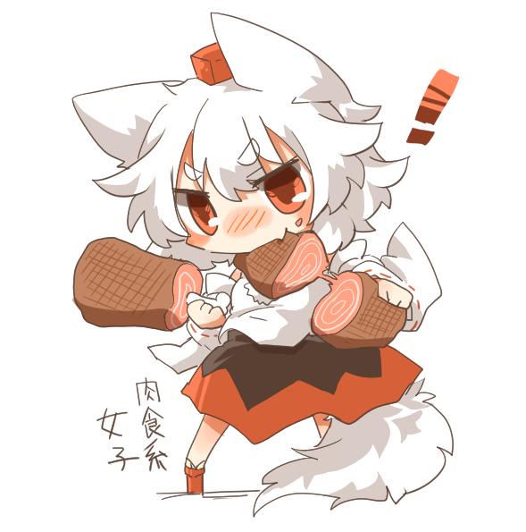 ! 1girl animal_ears blush bone boned_meat chibi detached_sleeves eating eyebrows fang food geta hat holding inubashiri_momiji long_sleeves meat pom_pom_(clothes) rebecca_(keinelove) red_eyes short_hair simple_background skirt solo tail thick_eyebrows tokin_hat touhou white_background white_hair wolf_ears wolf_tail