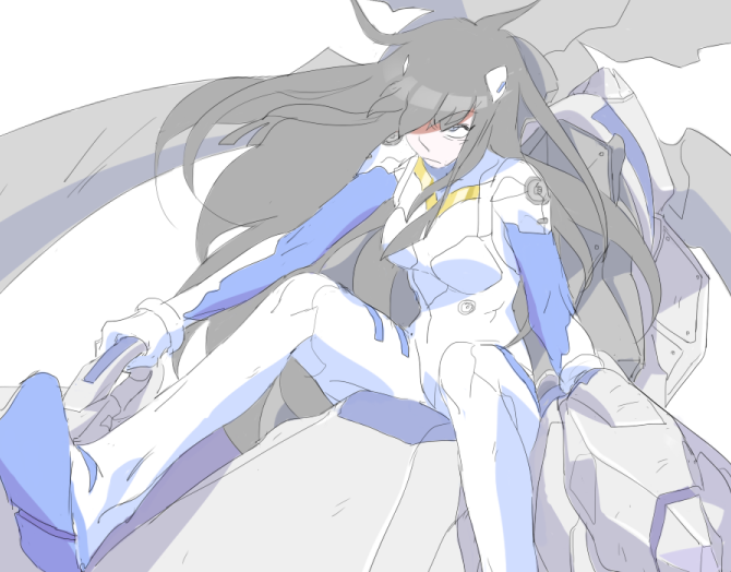 1girl black_hair blue_eyes bodysuit carrower cockpit crossover evangelion:_2.0_you_can_(not)_advance eyebrows hair_ornament hair_over_one_eye hairclip kill_la_kill kiryuuin_satsuki long_hair neon_genesis_evangelion parody plugsuit rebuild_of_evangelion solo thick_eyebrows