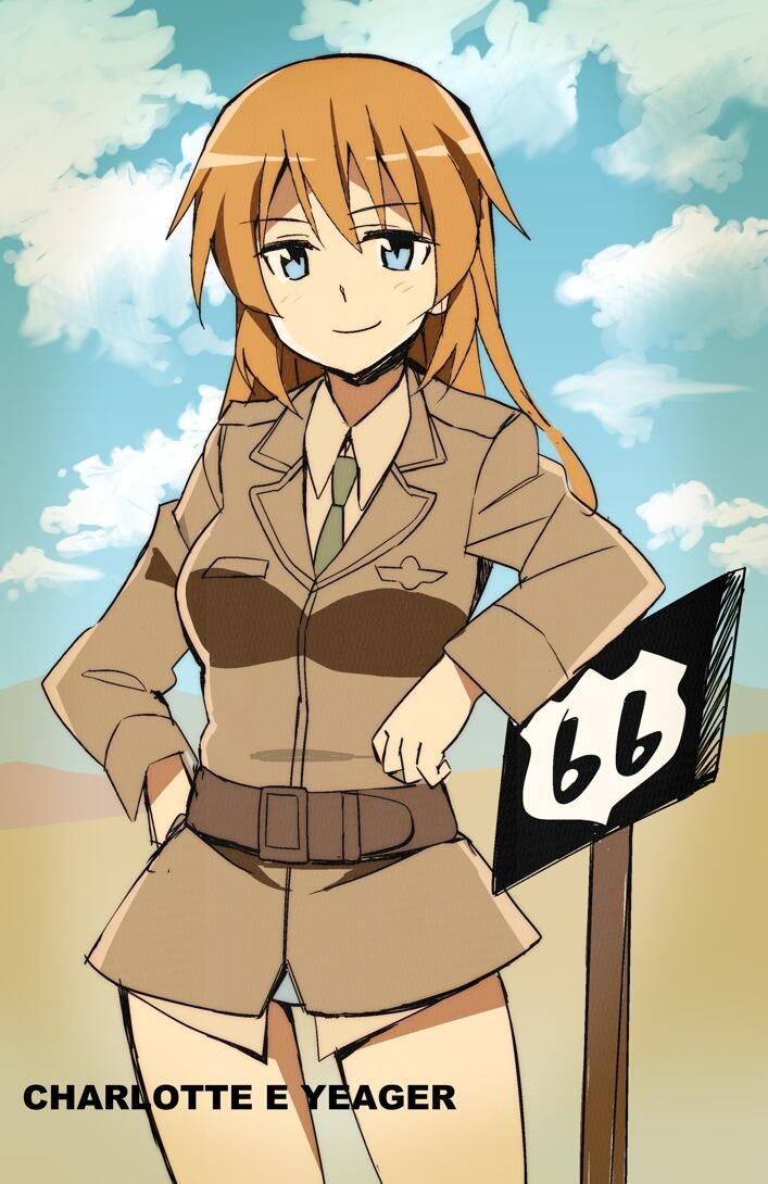 1girl belt blue_eyes blue_sky blush bottomless character_name charlotte_e_yeager clouds collared_shirt elbow_rest glastonbury1966 hand_on_hip jpeg_artifacts long_hair long_sleeves military military_uniform necktie orange_hair outdoors route_66 sign sky smile solo strike_witches text uniform