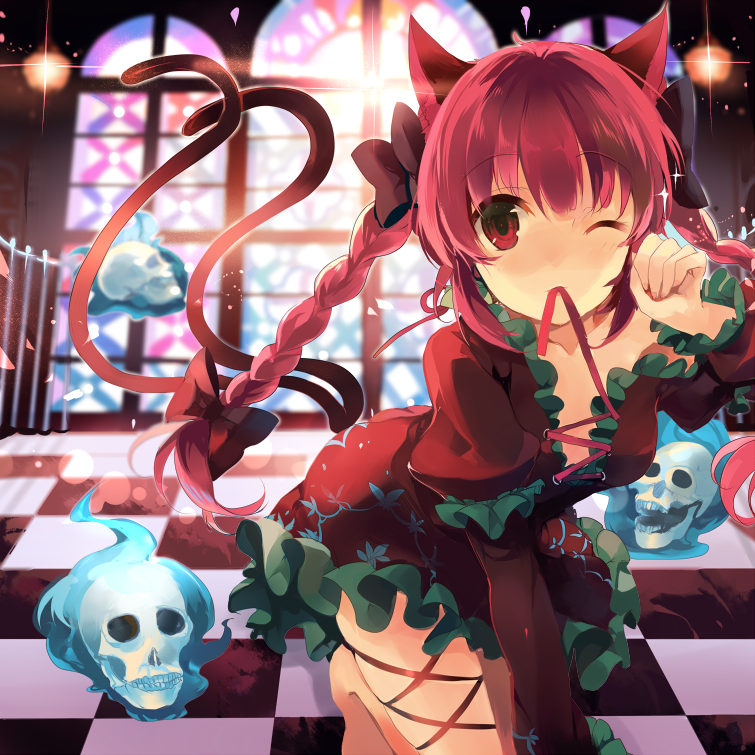 1girl animal_ears barefoot bow braid cat_ears cat_tail dress frilled_dress frills hair_bow hair_ornament juliet_sleeves kaenbyou_rin kirero kneeling long_sleeves looking_at_viewer mouth_hold multiple_tails one_eye_closed paw_pose puffy_sleeves red_eyes redhead ribbon ribbon_in_mouth skull smile solo sparkle tail touhou twin_braids