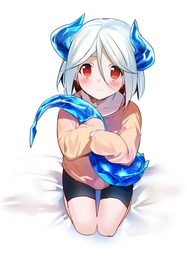 1boy androgynous bike_shorts blush dragon_boy dragon_horns dragon_tail erubo horns long_sleeves looking_at_viewer monster_boy original red_eyes seiza shirt short_hair silver_hair simple_background sitting sleeves_past_wrists smile solo tail tail_hold tail_hug trap white_background yuran_(erubo)