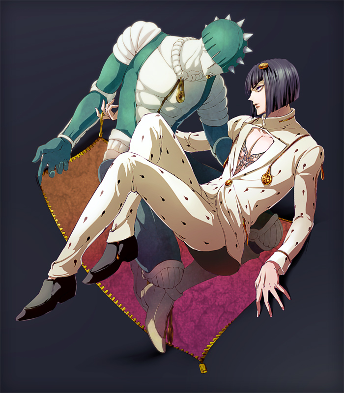 2boys black_hair bob_cut bruno_bucciarati hair_ornament jojo_no_kimyou_na_bouken joka_(night_gate) multiple_boys stand_(jojo) sticky_fingers_(stand) zipper