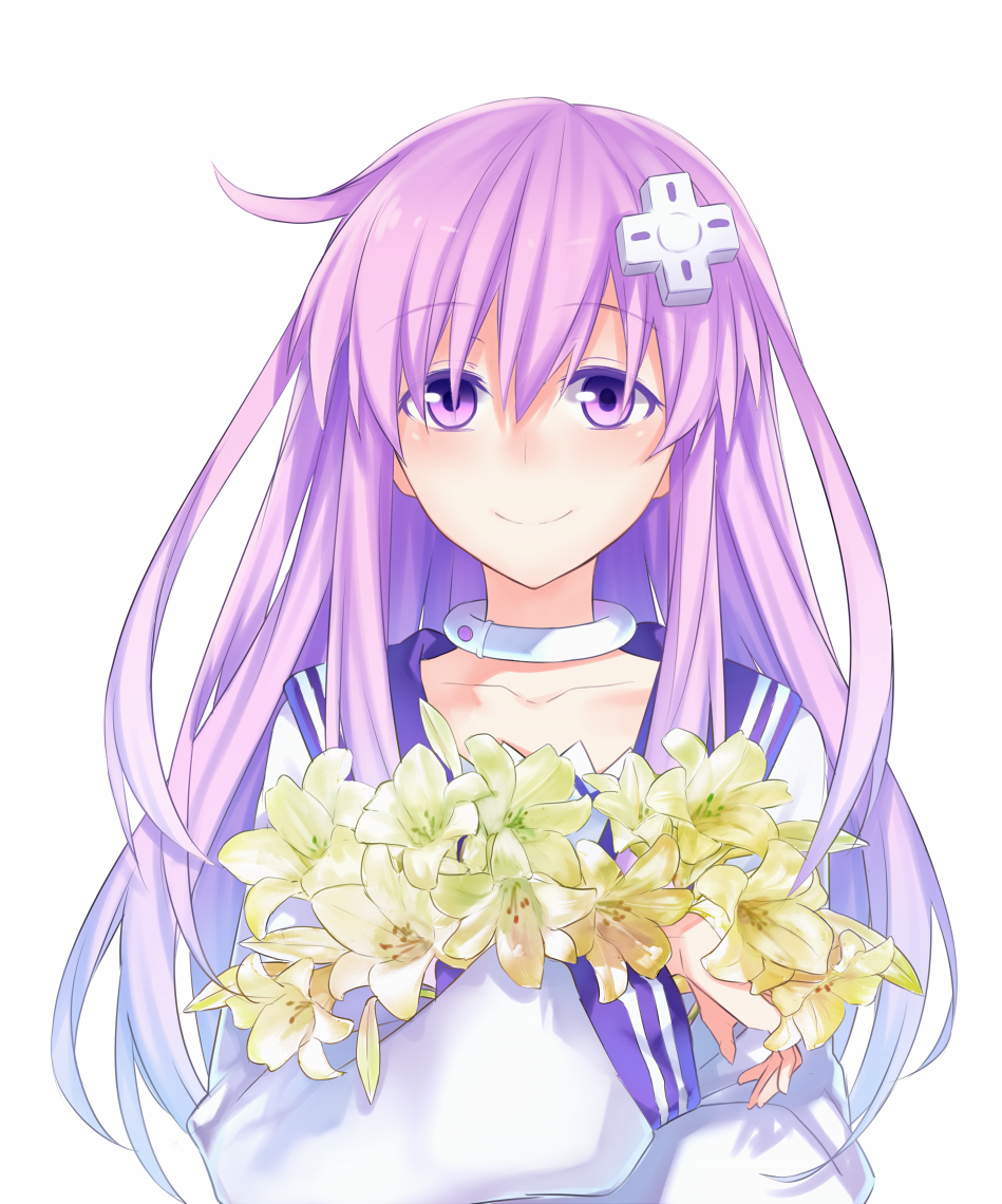 1girl bust choker choujigen_game_neptune choujigen_game_neptune_mk2 collarbone d-pad flower hair_ornament hatyo lily_(flower) long_hair nepgear purple_hair shirt simple_background smile solo violet_eyes white_background