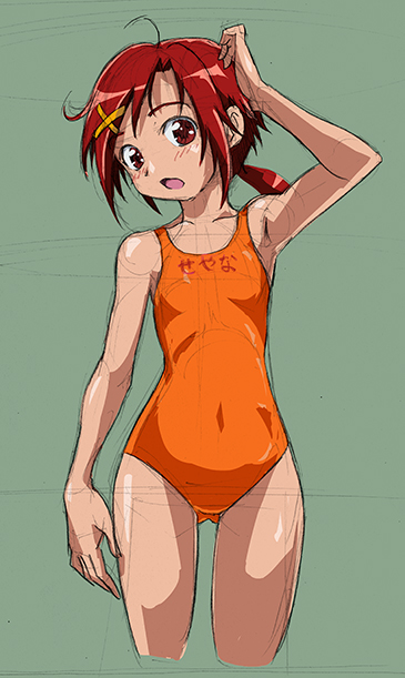1girl blush green_background hino_akane looking_at_viewer one-piece_swimsuit open_mouth orange_swimsuit precure red_eyes redhead rohitsuka short_hair sketch smile_precure! solo swimsuit