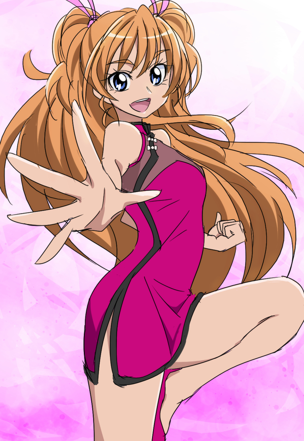 1girl blue_eyes china_dress chinese_clothes houjou_hibiki long_hair looking_at_viewer manji_(tenketsu) open_mouth orange_hair pink_background precure sketch solo standing_on_one_leg suite_precure
