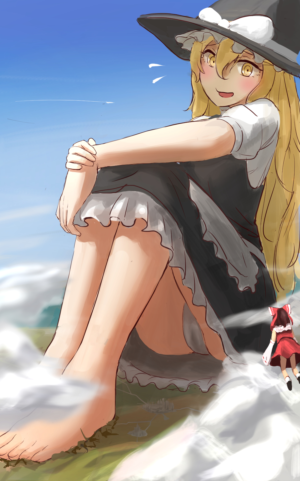 2girls barefoot blonde_hair blush giantess hakurei_reimu hat highres kirisame_marisa multiple_girls open_mouth panties ribbon ringed_eyes sitting touhou underwear uru_(uru0000) white_panties witch_hat yellow_eyes